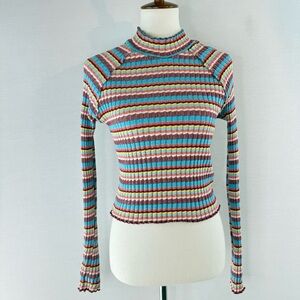 Free People Striped Multicolor Mock Neck Long Sleeve Cotton Ribbed Sweater